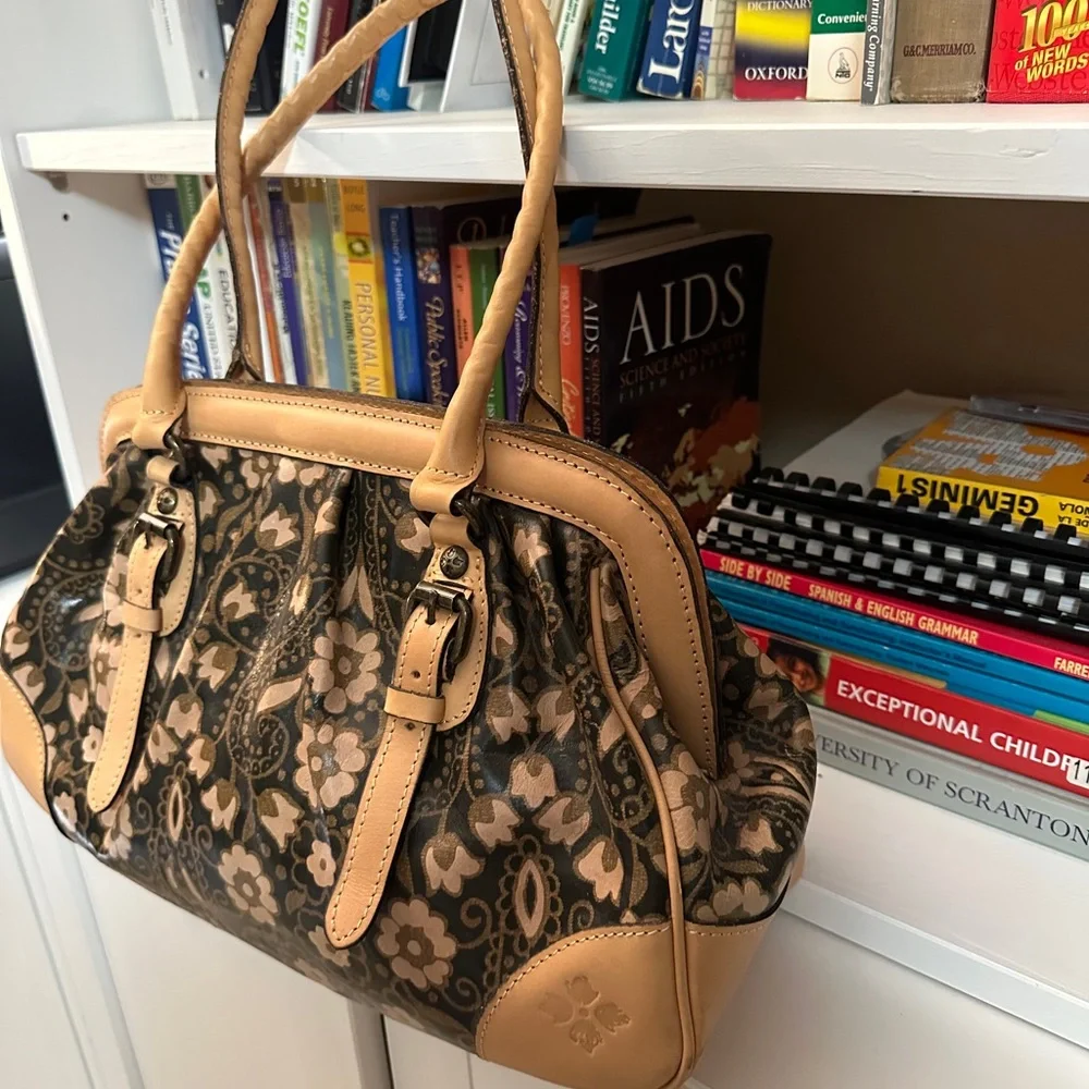 Patricia Nash Floral Pattern Satchel Handbag in Brown and Tan